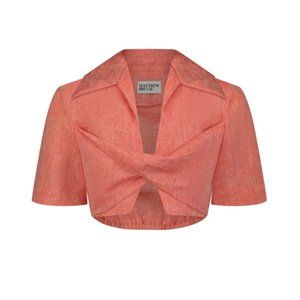 NWOT Matthew Bruch Twisted Top Short Womens 2 Orange Small Linen Short Sleeve